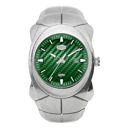 HEROFORCE 6069 - A silver-tone stainless steel wristwatch with a textured green carbon-fiber-pattern dial and silver-tone bezel and case.