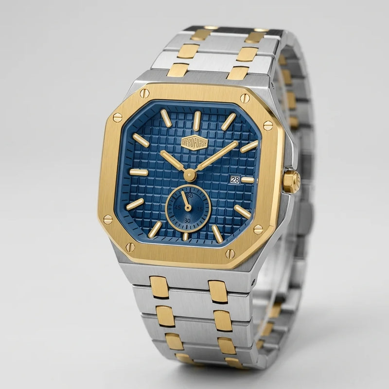 HEROFORCE Luxury Quartz Men's Watch - Quartz Men's Watch Waterproof Luminous Date - Photorealistic watch, Neutral studio ambiance, Soft luxury lighting, Crisp metal details