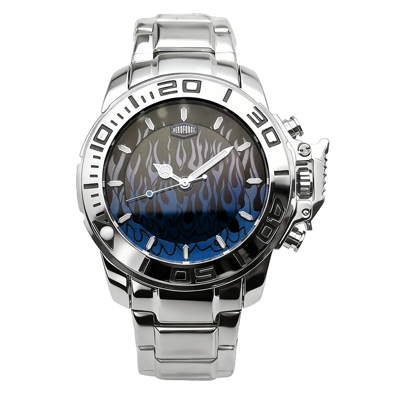 HEROFORCE silver wristwatch with metallic band, blue and black flame dial, rugged bezel with large numerals, silver hands and crown guards, bold artistic timepiece.