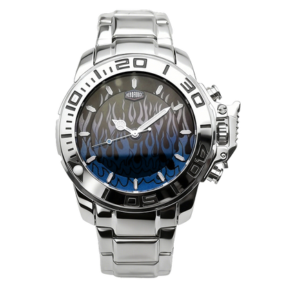 HEROFORCE silver wristwatch with metallic band, blue and black flame dial, rugged bezel with large numerals, silver hands and crown guards, bold artistic timepiece.