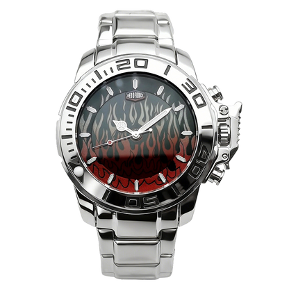 HEROFORCE silver wristwatch with metallic band, bold black and red flame dial, engraved bezel numerals, silver markers and hands, striking industrial design.