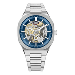 HEROFORCE silver wristwatch with metallic band, skeleton dial showcasing gold and silver gears, blue outer ring with white markers and hands, date window at 6, elegant mechanical timepiece.