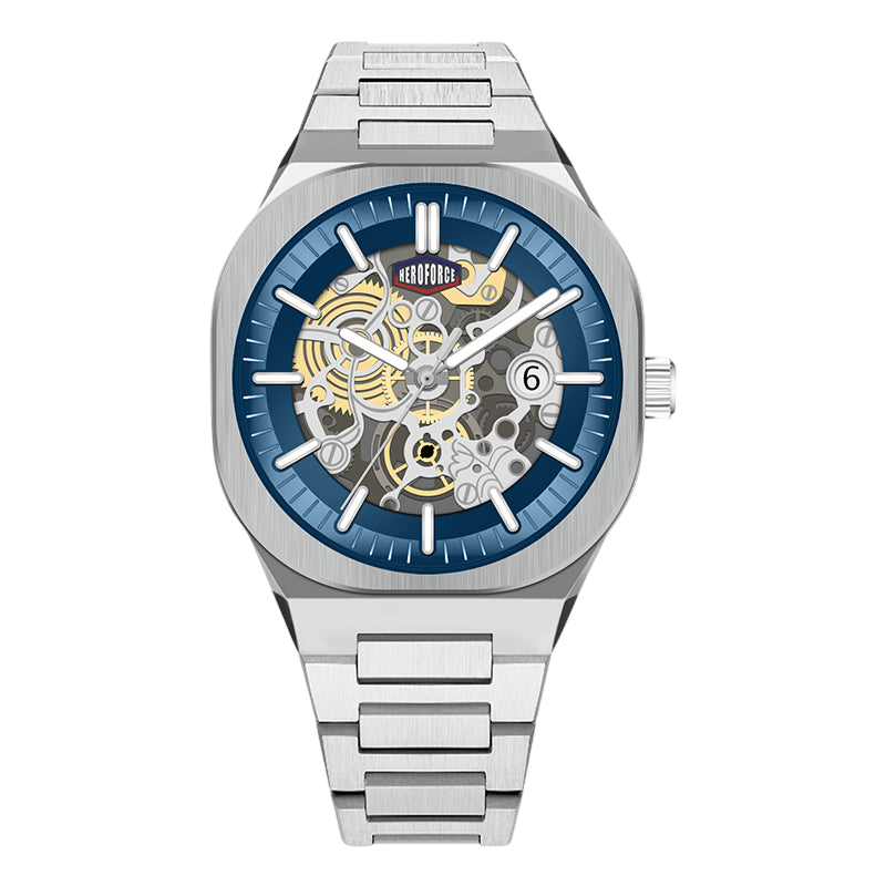 HEROFORCE silver wristwatch with metallic band, skeleton dial showcasing gold and silver gears, blue outer ring with white markers and hands, date window at 6, elegant mechanical timepiece.