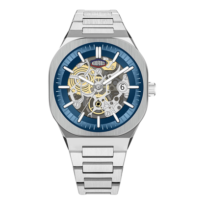 HEROFORCE silver wristwatch with metallic band, skeleton dial showcasing gold and silver gears, blue outer ring with white markers and hands, date window at 6, elegant mechanical timepiece.
