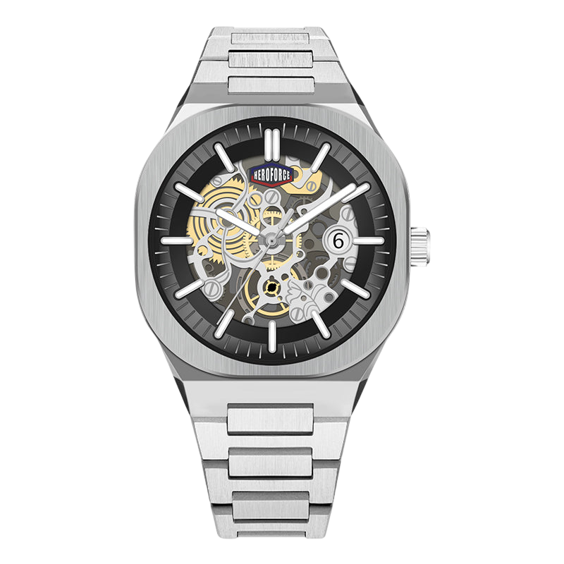 HEROFORCE silver wristwatch with metallic band, skeleton dial revealing gold and silver gears, black outer ring with white markers, date window at 6, luxury mechanical design.