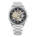 HEROFORCE silver wristwatch with metallic band, skeleton dial revealing gold and silver gears, black outer ring with white markers, date window at 6, luxury mechanical design.