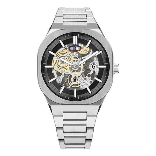 HEROFORCE silver wristwatch with metallic band, skeleton dial revealing gold and silver gears, black outer ring with white markers, date window at 6, luxury mechanical design.