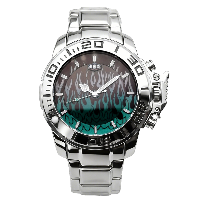 HEROFORCE silver wristwatch with metallic band, teal and black flame dial, engraved bezel numerals, silver markers and hands, unique flame‑pattern luxury watch.