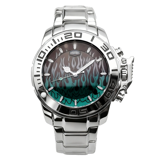 HEROFORCE silver wristwatch with metallic band, teal and black flame dial, engraved bezel numerals, silver markers and hands, unique flame‑pattern luxury watch.