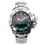 HEROFORCE silver wristwatch with metallic band, teal and black flame dial, engraved bezel numerals, silver markers and hands, unique flame‑pattern luxury watch.