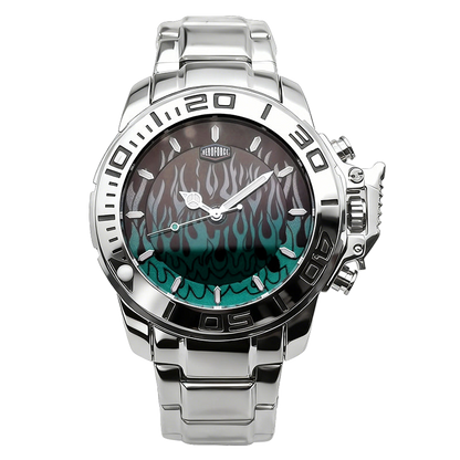 HEROFORCE silver wristwatch with metallic band, teal and black flame dial, engraved bezel numerals, silver markers and hands, unique flame‑pattern luxury watch.