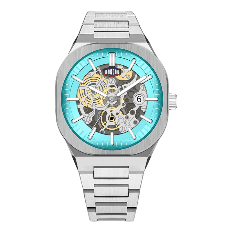 HEROFORCE silver wristwatch with turquoise outer ring, skeleton dial exposing intricate gold and silver gears, white hands with silver outline, date window at 6, modern horology design.