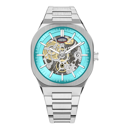HEROFORCE silver wristwatch with turquoise outer ring, skeleton dial exposing intricate gold and silver gears, white hands with silver outline, date window at 6, modern horology design.