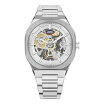 HEROFORCE silver wristwatch with metallic band, skeleton dial highlighting internal gears and springs, white markers and hands, date window at 6, refined mechanical craftsmanship.
