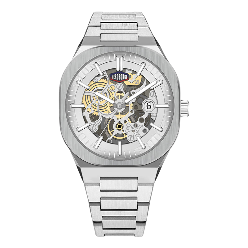 HEROFORCE silver wristwatch with metallic band, skeleton dial highlighting internal gears and springs, white markers and hands, date window at 6, refined mechanical craftsmanship.