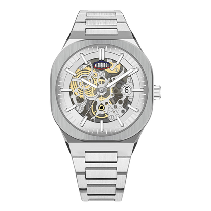 HEROFORCE silver wristwatch with metallic band, skeleton dial highlighting internal gears and springs, white markers and hands, date window at 6, refined mechanical craftsmanship.
