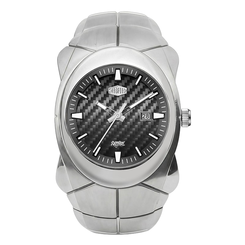 HEROFRCE 6039 - A silver-tone stainless steel wristwatch with a textured black carbon-fiber-pattern dial, silver-tone hands and markers, and a date window at 3 o'clock.