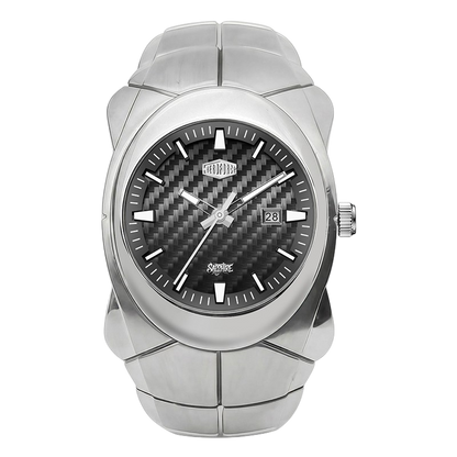 HEROFRCE 6039 - A silver-tone stainless steel wristwatch with a textured black carbon-fiber-pattern dial, silver-tone hands and markers, and a date window at 3 o'clock.