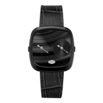 A black watch with a square rounded bezel, a black dial featuring a smaller circular subdial and silver hands, and a textured black leather strap.