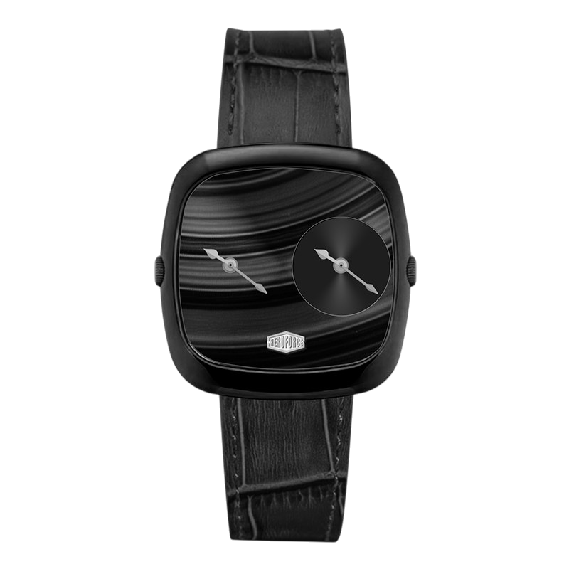 A black watch with a square rounded bezel, a black dial featuring a smaller circular subdial and silver hands, and a textured black leather strap.