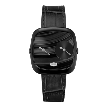 A black watch with a square rounded bezel, a black dial featuring a smaller circular subdial and silver hands, and a textured black leather strap.