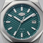 A stainless steel wristwatch with an octagonal bezel, a textured green dial, and a matching green and silver link bracelet, shown against a plain white background.