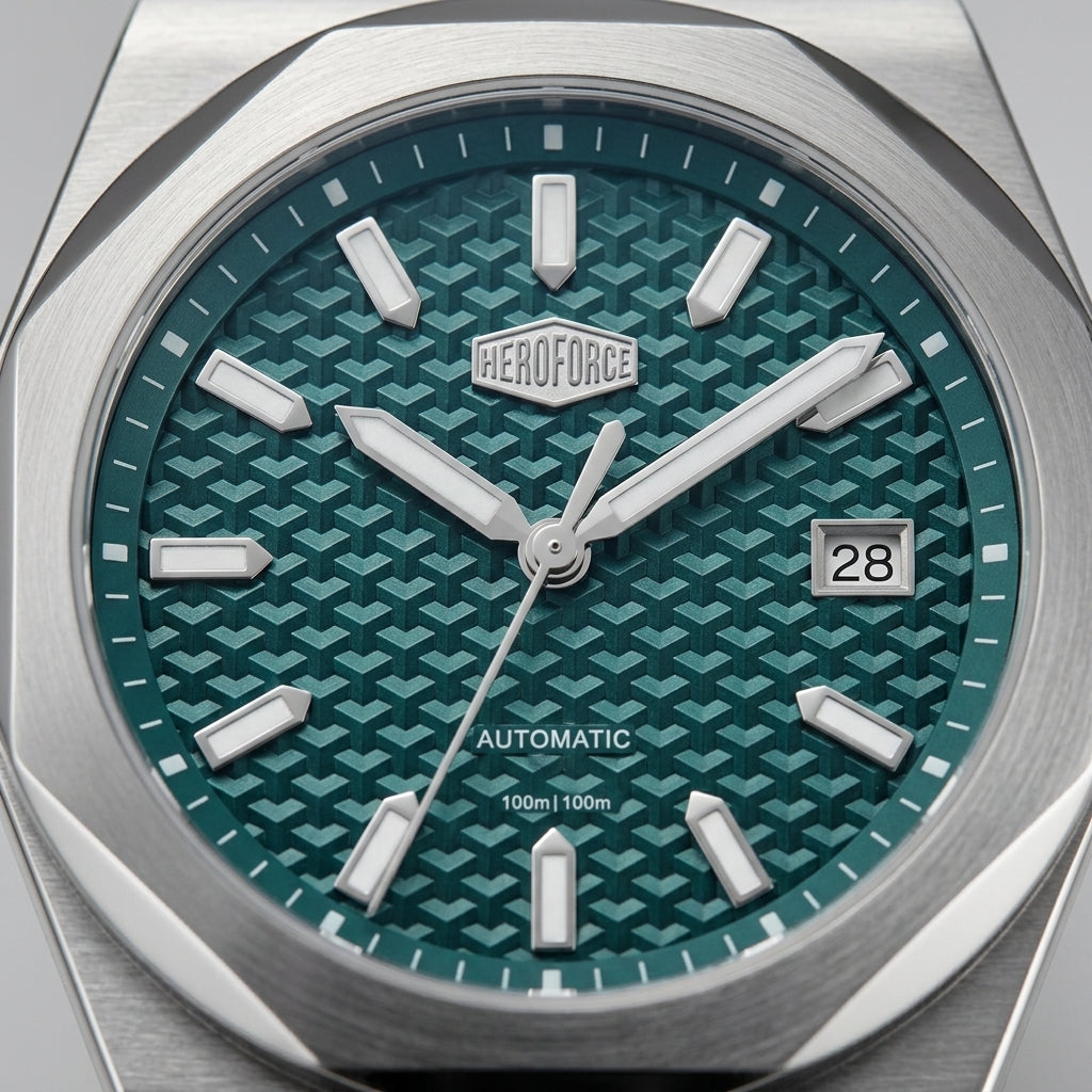 A stainless steel wristwatch with an octagonal bezel, a textured green dial, and a matching green and silver link bracelet, shown against a plain white background.
