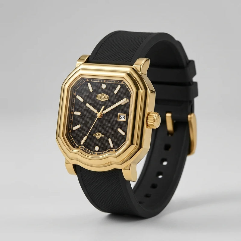 HeroForce 5051P Black Strap Light Edition – Men’s Square Business Watch gold watch angled view