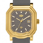 close up dial, gold case, textured grey face