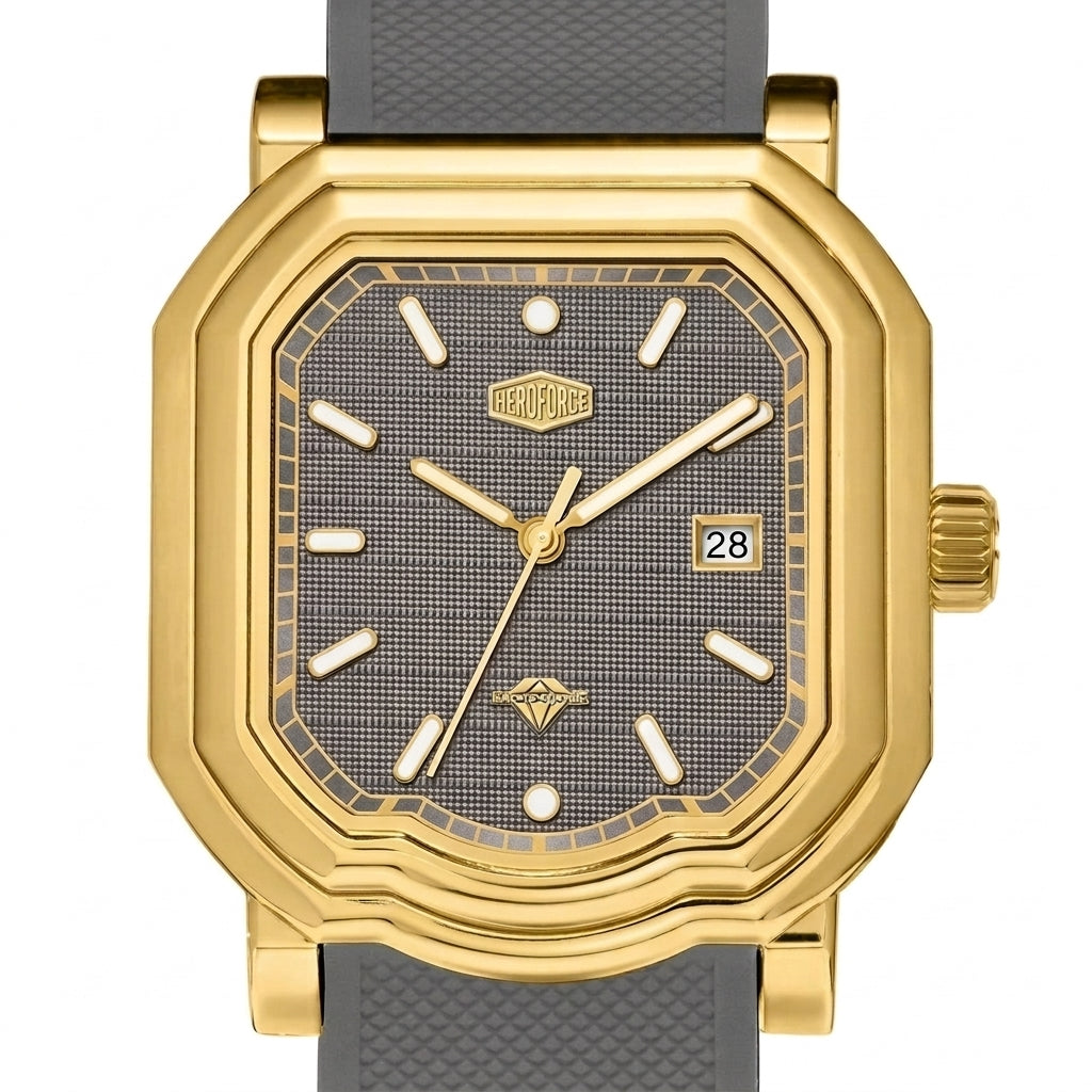 close up dial, gold case, textured grey face