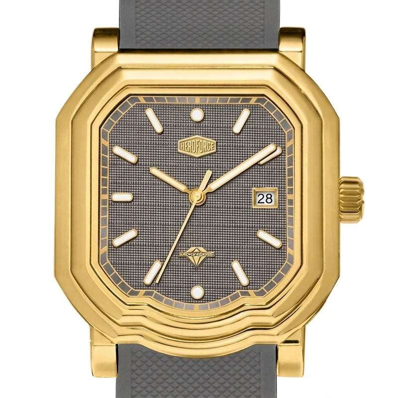 close up dial, gold case, textured grey face