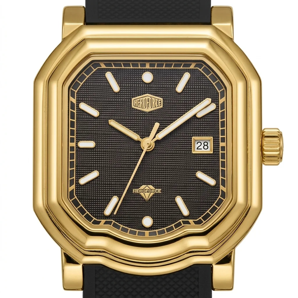 HeroForce 5051P Black Strap Light Edition – Men’s Square Business Watch gold case black dial close-up