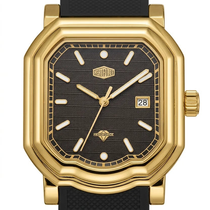 HeroForce 5051P Black Strap Light Edition – Men’s Square Business Watch gold case black dial close-up