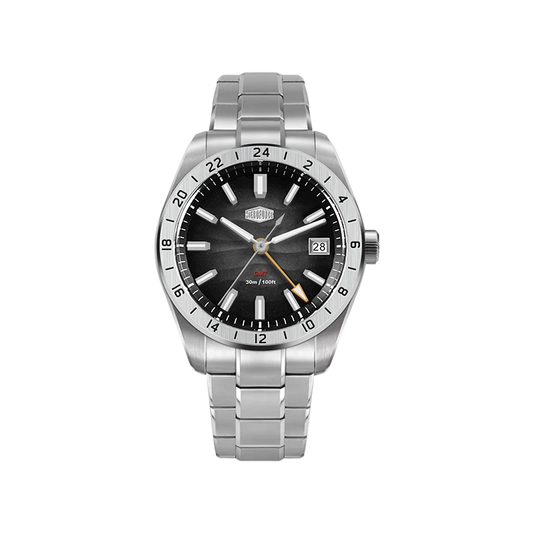 A stainless steel wristwatch with a silver-tone metal link bracelet, a black dial, and a black rotating bezel with white hour markers. 
