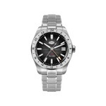 A stainless steel wristwatch with a silver-tone metal link bracelet, a black dial, and a black rotating bezel with white hour markers. 