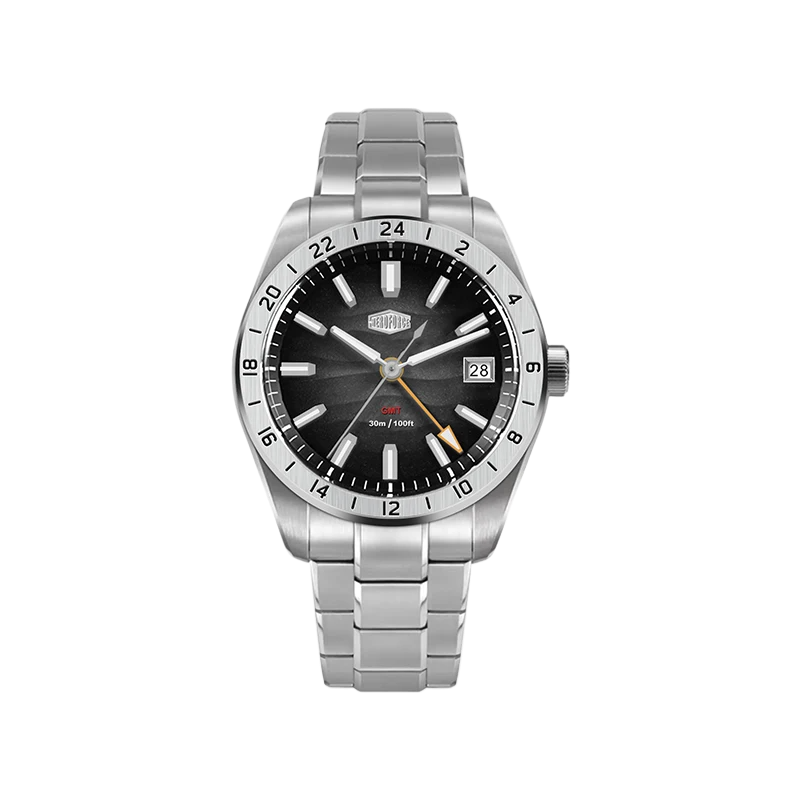 A stainless steel wristwatch with a silver-tone metal link bracelet, a black dial, and a black rotating bezel with white hour markers. 