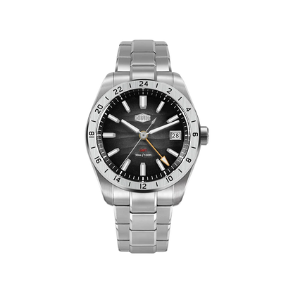 A stainless steel wristwatch with a silver-tone metal link bracelet, a black dial, and a black rotating bezel with white hour markers. 