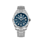 A stainless steel wristwatch with a blue dial and a silver link bracelet, shown against a plain white background. 