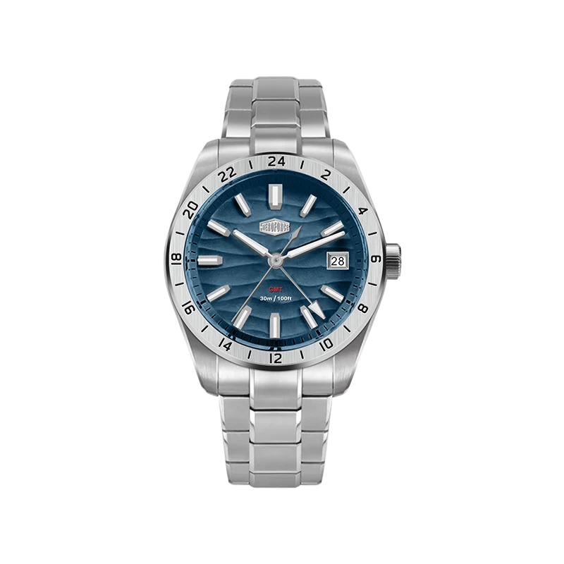 A stainless steel wristwatch with a blue dial and a silver link bracelet, shown against a plain white background. 