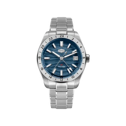 A stainless steel wristwatch with a blue dial and a silver link bracelet, shown against a plain white background. 