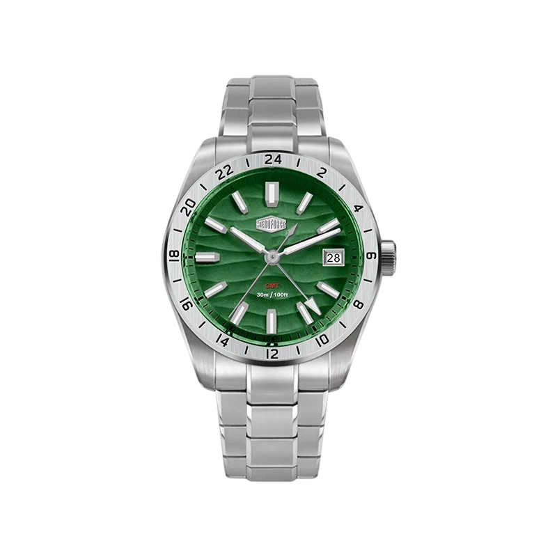 A HeroForce wristwatch with a green dial and a silver stainless steel link bracelet, shown against a plain white background.