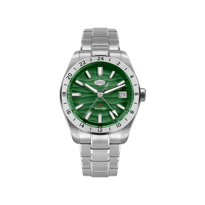 A HeroForce wristwatch with a green dial and a silver stainless steel link bracelet, shown against a plain white background.