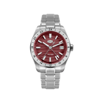 A HeroForce wristwatch with a silver stainless steel link bracelet and case, featuring a textured red dial with silver-tone indices and a date window at 3 o'clock.