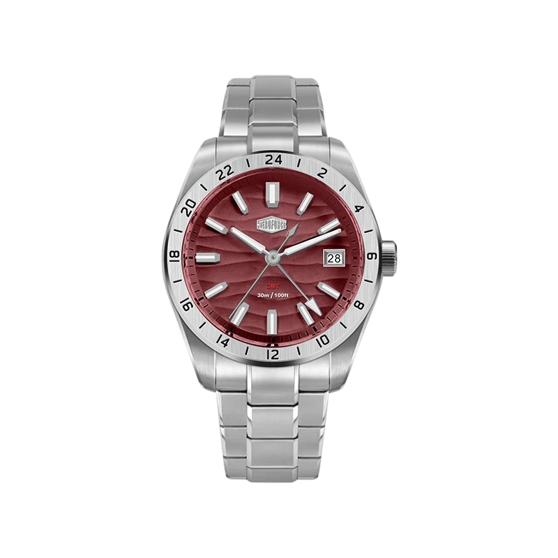 A HeroForce wristwatch with a silver stainless steel link bracelet and case, featuring a textured red dial with silver-tone indices and a date window at 3 o'clock.