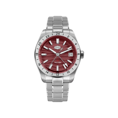 A HeroForce wristwatch with a silver stainless steel link bracelet and case, featuring a textured red dial with silver-tone indices and a date window at 3 o'clock.