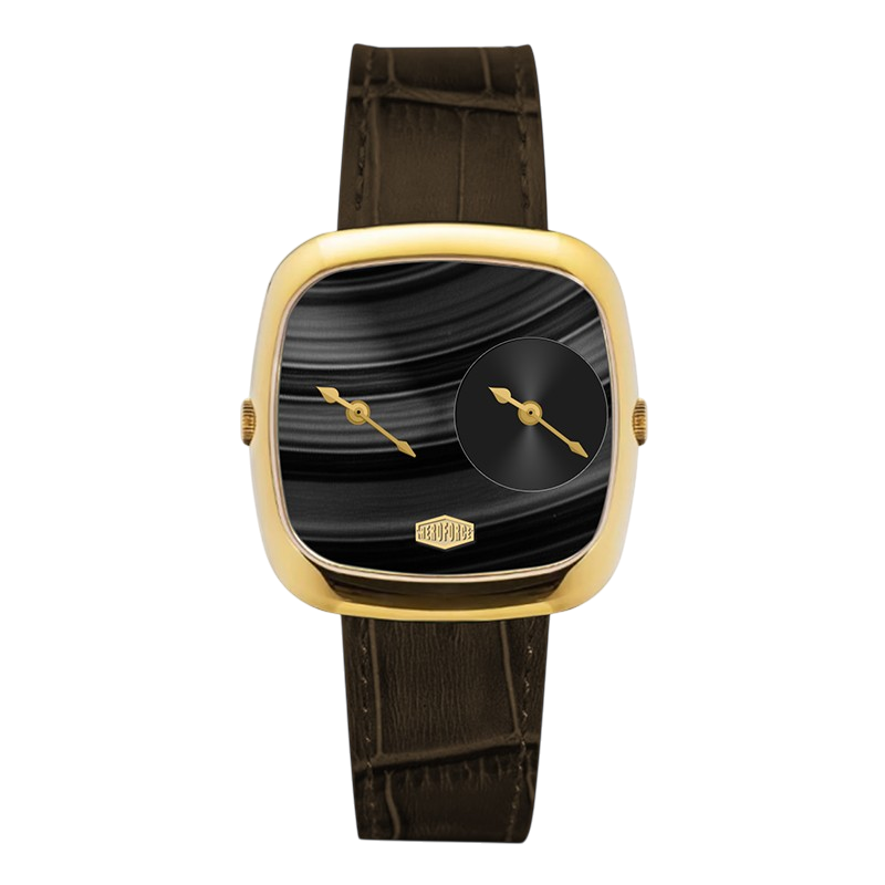 A luxury watch featuring a square cushion-shaped gold-tone case, a black dial with a smaller circular subdial and gold hands, and a dark brown alligator-embossed leather strap.