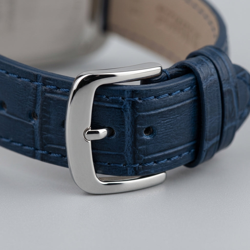 A close-up of a navy blue textured leather watch strap with a polished silver-tone metal buckle, resting on a neutral gray surface.