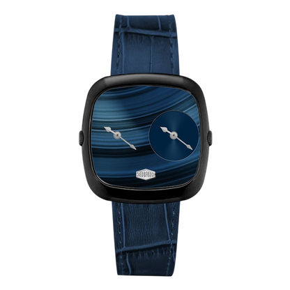 A modern square analog watch with a black bezel, a blue patterned dial, and a dark blue textured strap.