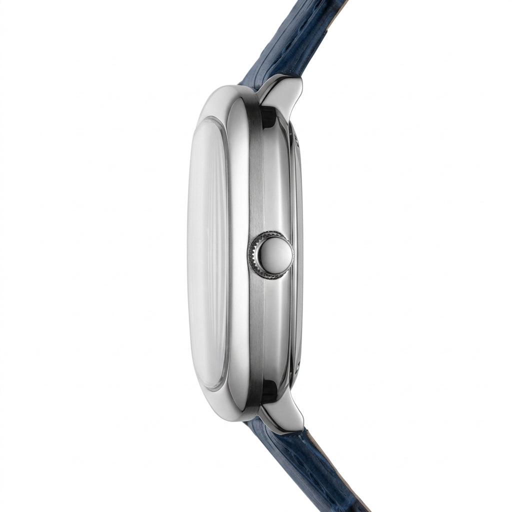Close-up side profile of a smartwatch with a polished silver-tone case and a dark blue textured strap on a white background.