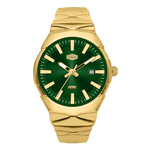 A gold-tone stainless steel watch with a dark green dial and green bezel, featuring gold-tone hands, hour markers, and crown.